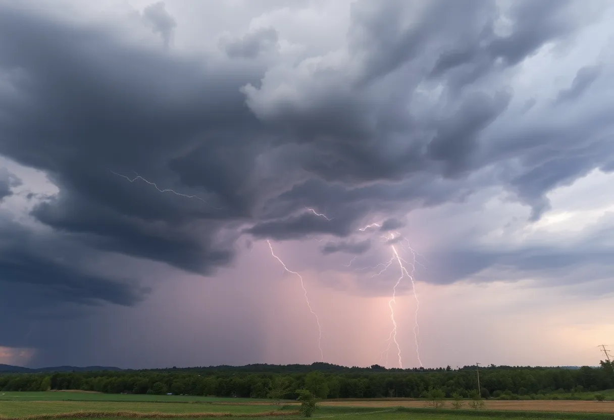 Thunderstorms forming over Spartanburg with flashes of lightning