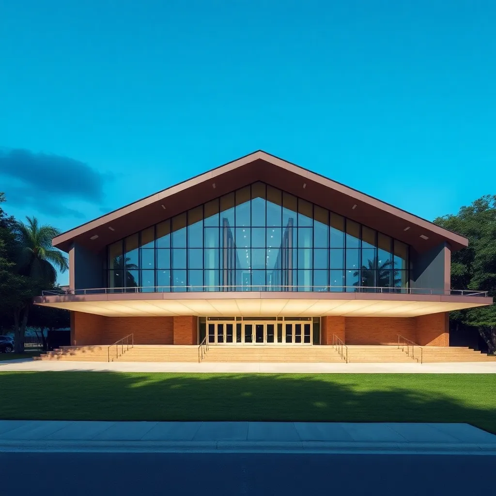 Modern architectural design of a convocation center outdoors.