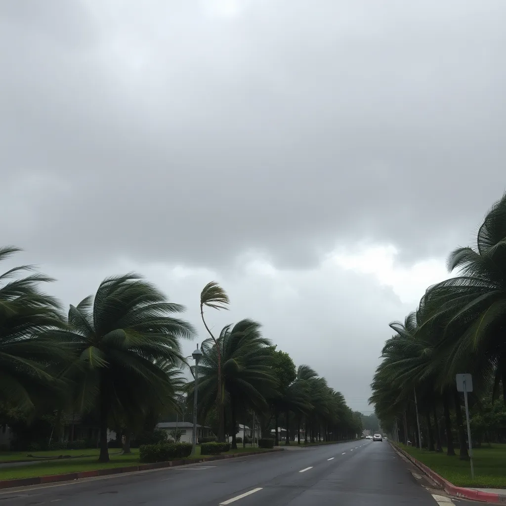 Wind swept trees and empty streets during a storm.