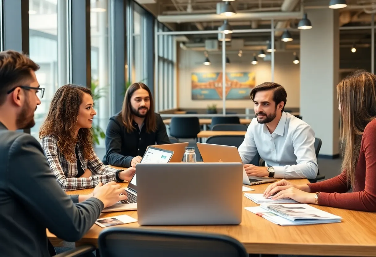 Professionals discussing email marketing in a San Francisco office.