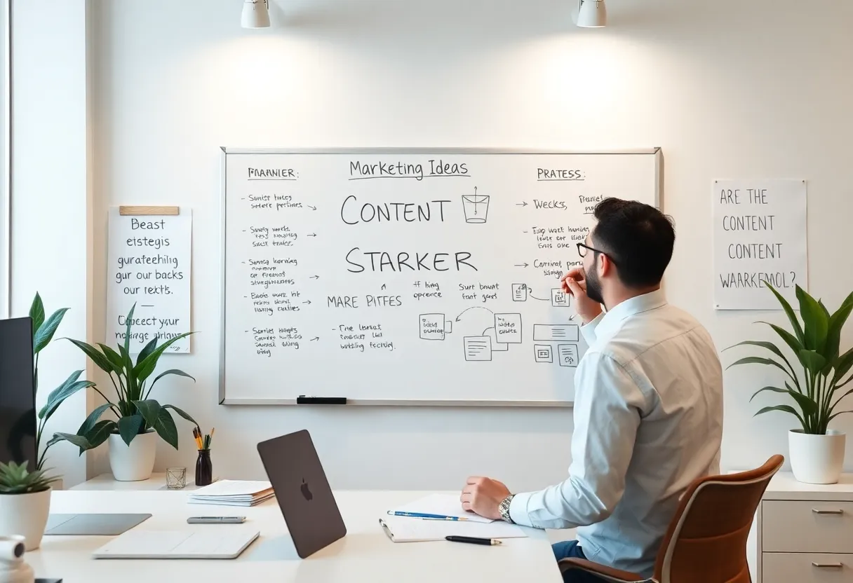 Marketer brainstorming content strategies in an office
