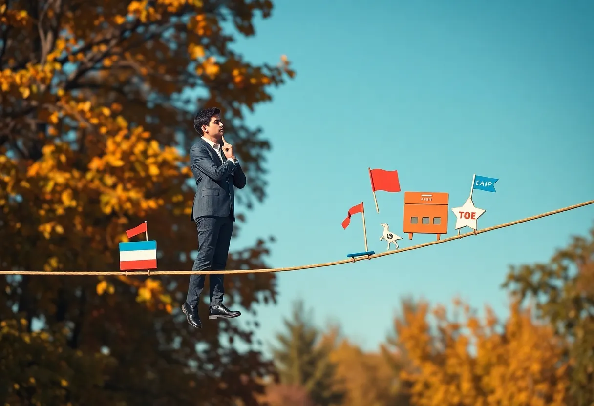 A marketer balancing on a tightrope with political symbols, autumn scenery.