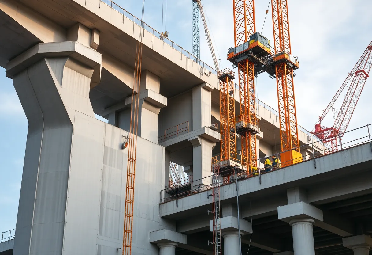 Workers installing precast connections at a construction site