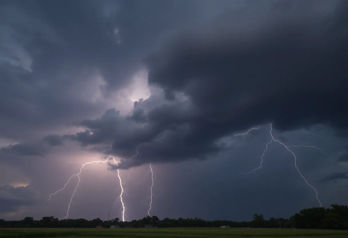 Thunderstorm clouds looming over central Orangeburg, South Carolina
