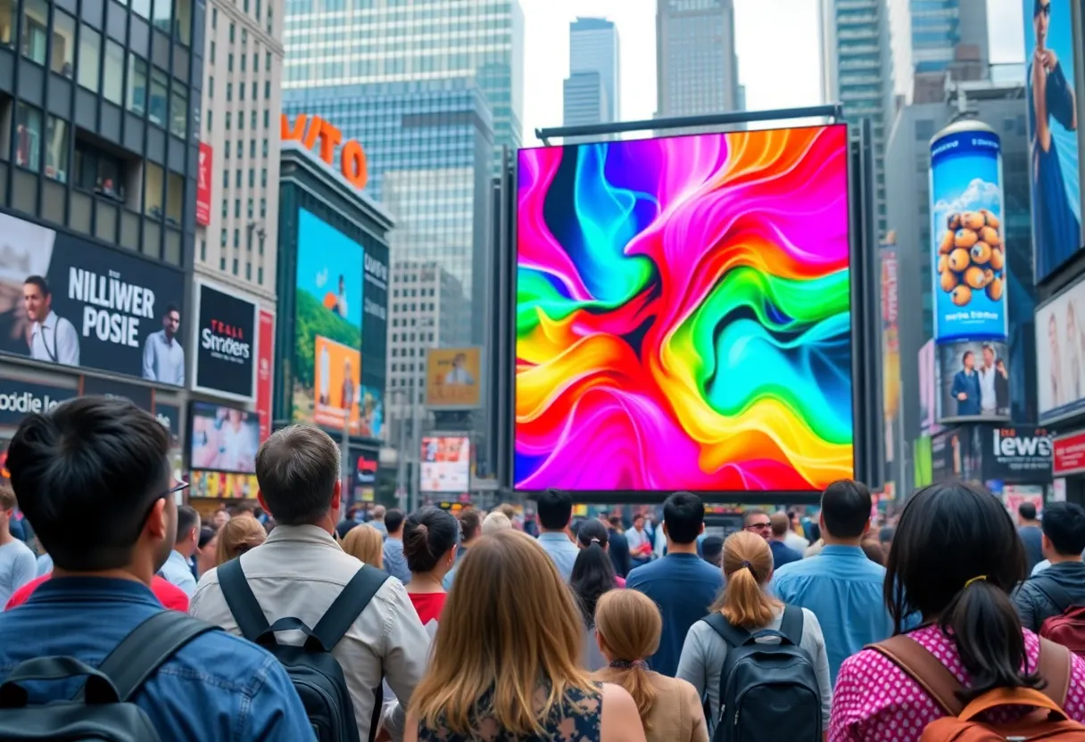 People watching a large TV advertisement in a lively city.