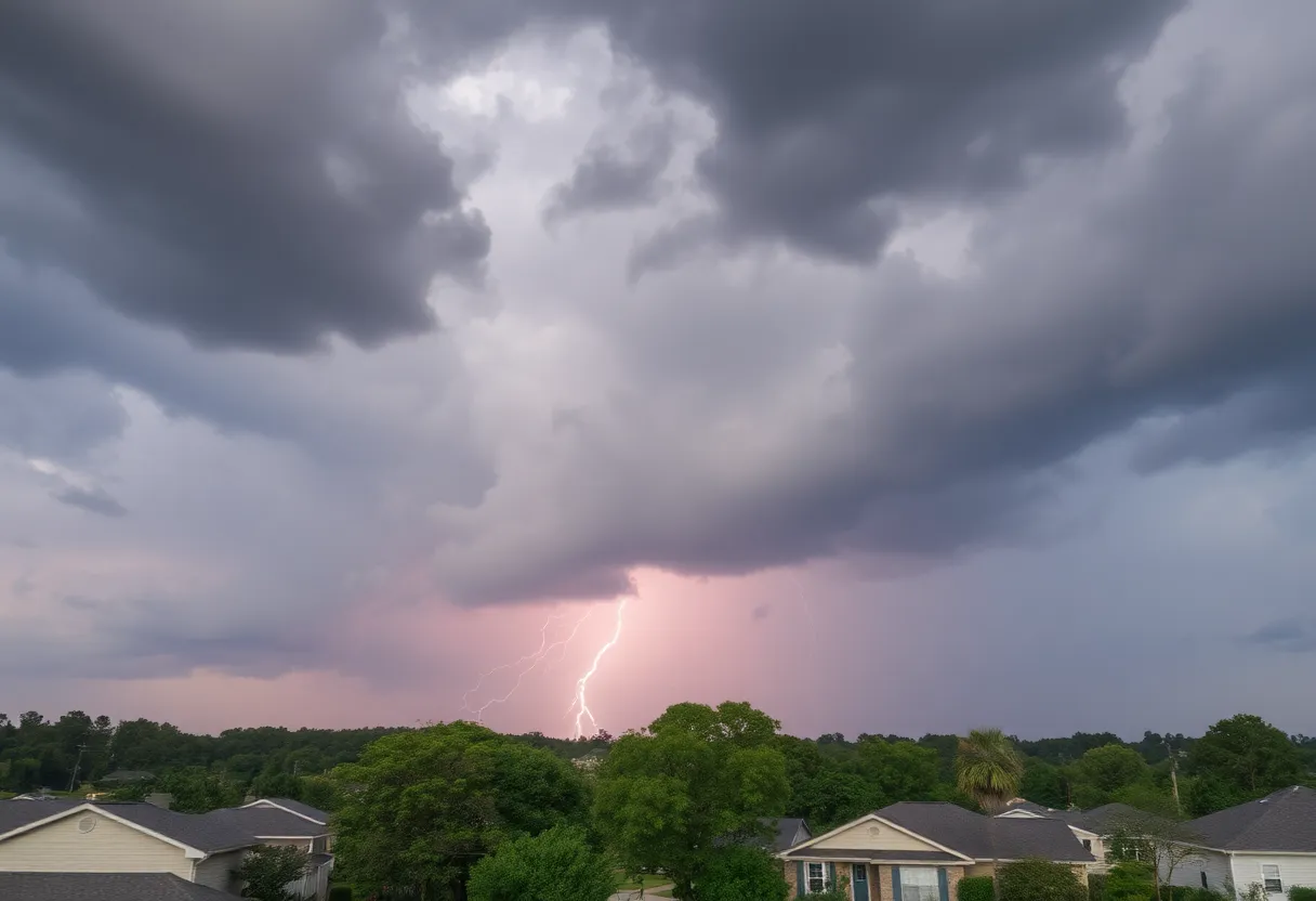 Dramatic thunderstorm clouds over Greenville with trees and lightning.