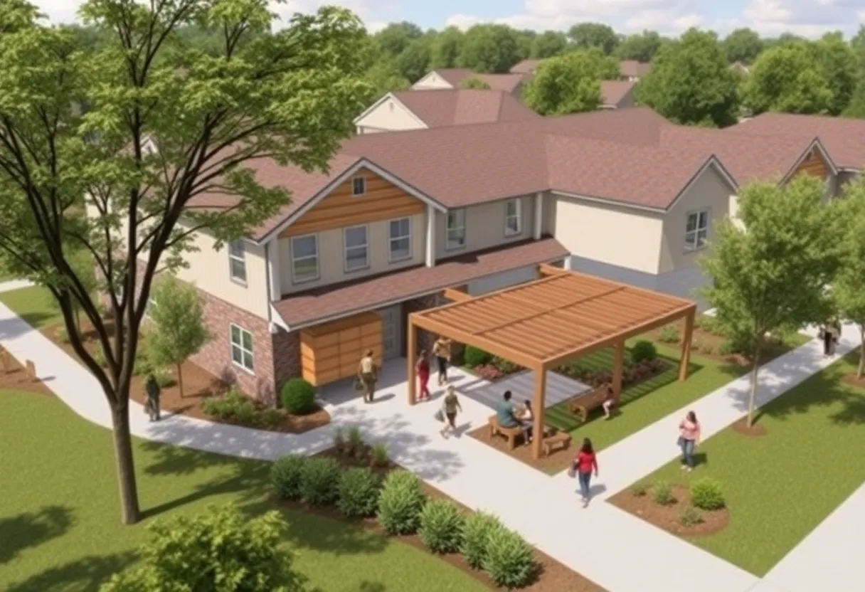 Render of affordable housing units catering to essential workers, with community spaces.