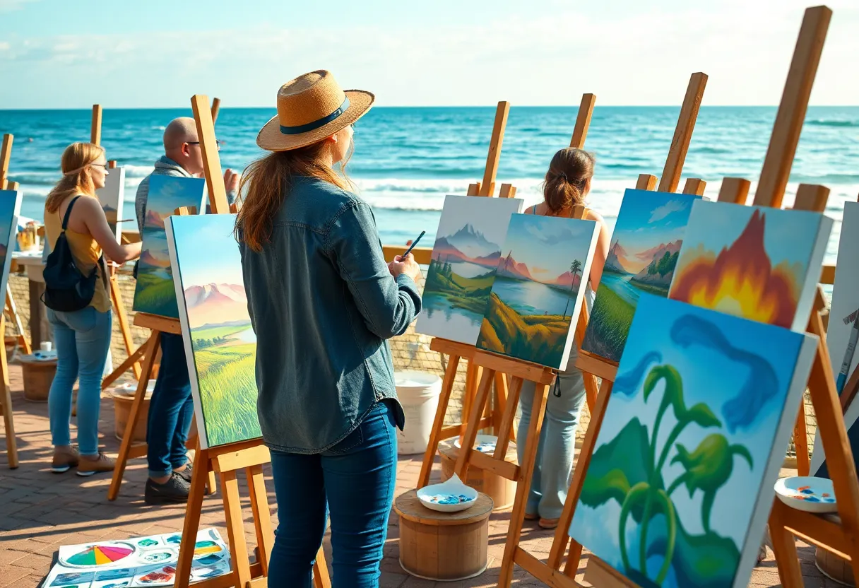 Artists participating in an oil painting workshop at Seabrook Island near the ocean