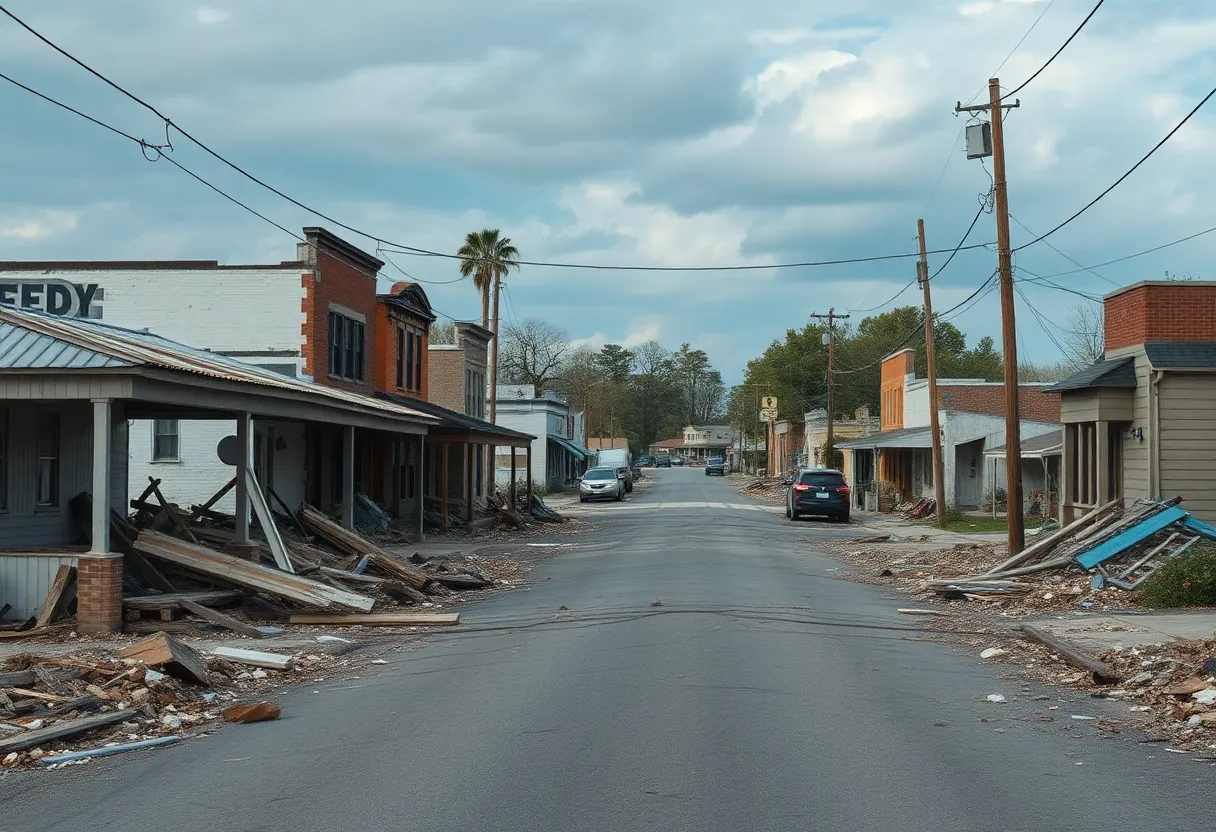 Main Street in Bamberg, South Carolina after tornado destruction