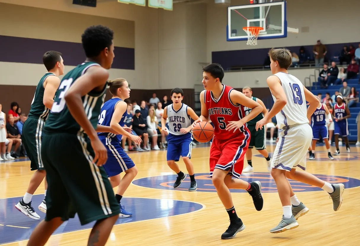 High school basketball players in action during a game in Beaufort