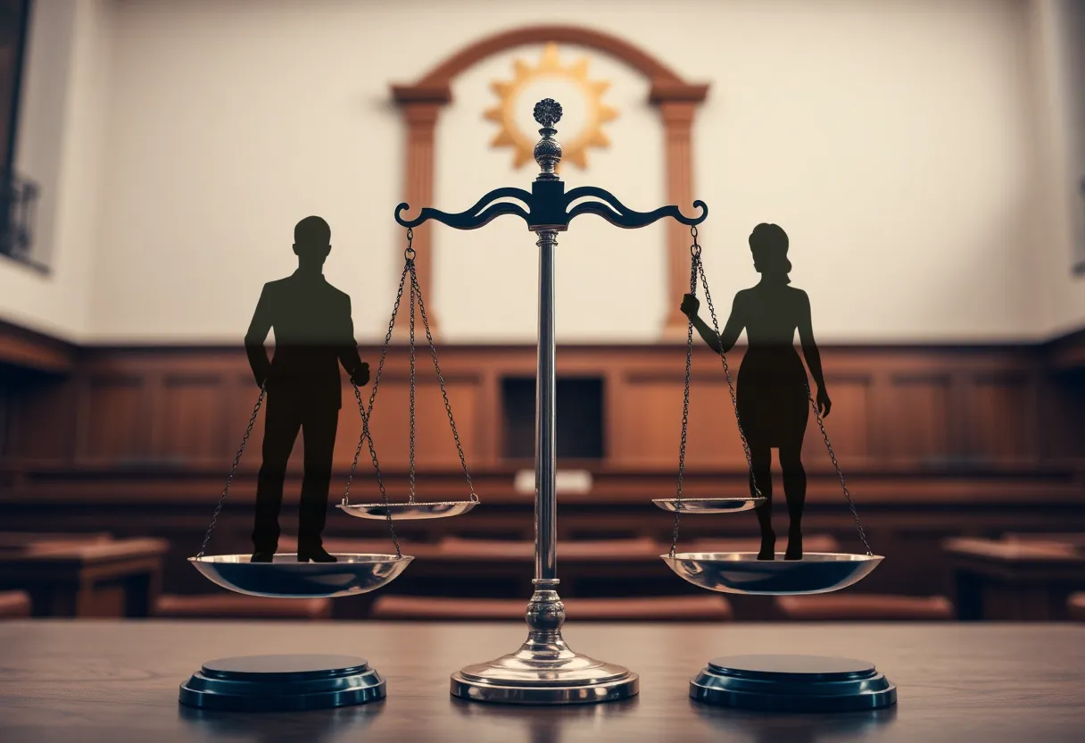 Symbol of justice in a courtroom emphasizing gender equity