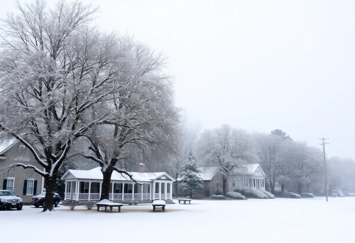 Snow-covered streets and trees in Beaufort County