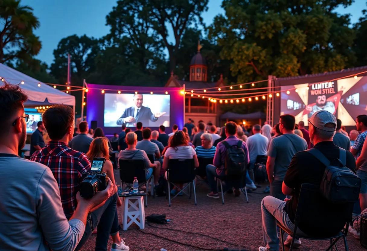 A vibrant scene from the Beaufort International Film Festival, showcasing outdoor film screening and audience engagement