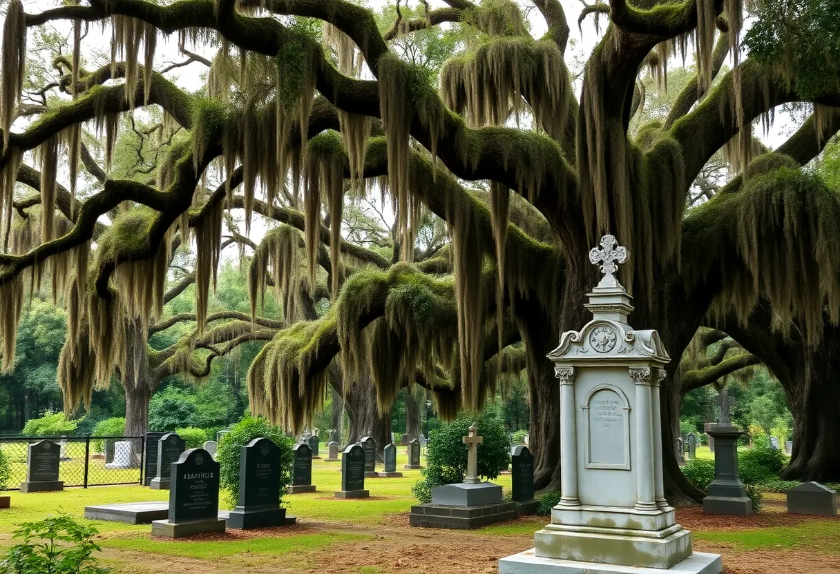 Scenic view of Beaufort National Cemetery with oak trees