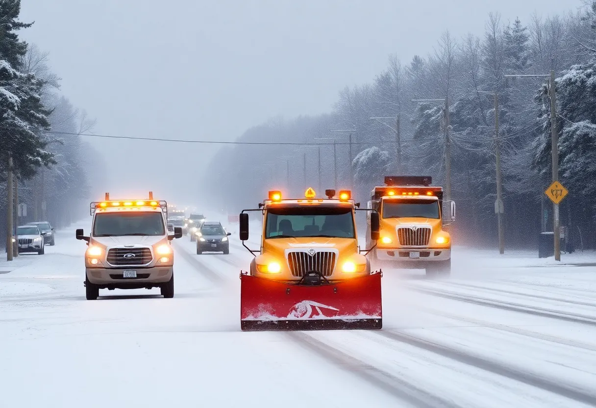 Snow-covered road in Beaufort SC with snow plows at work.