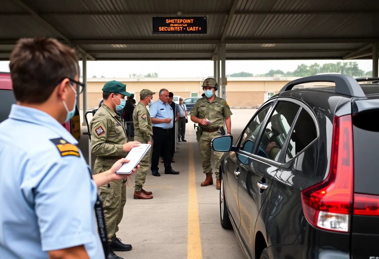 Security checkpoint at Marine Corps installation in Beaufort County with personnel checking IDs.