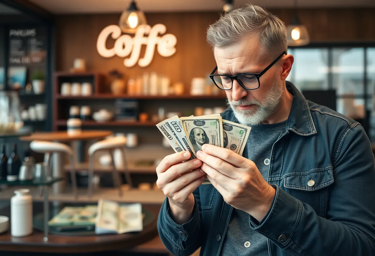 A shopper checking cash for authenticity in a coffee shop setting.