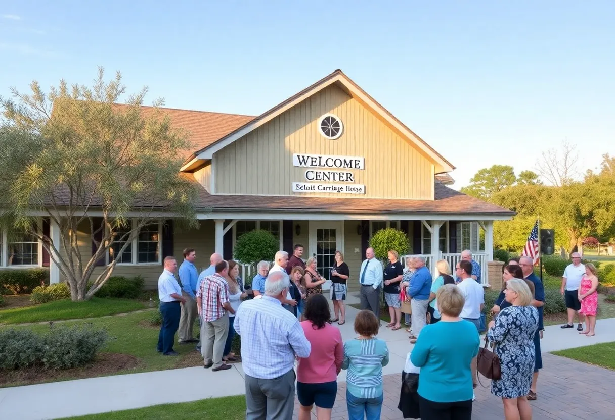 Attendees celebrating the opening of Bluffton's Welcome Center at Squire Pope Carriage House.