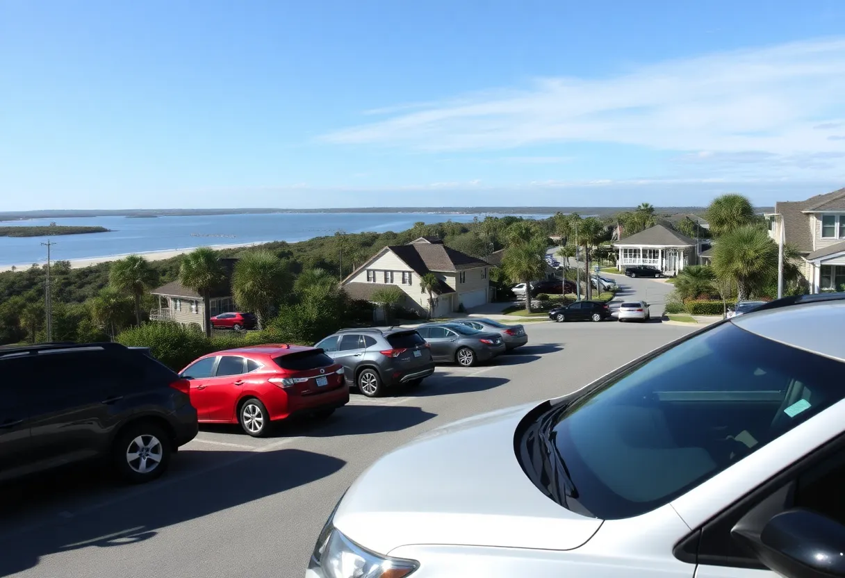 Neighborhood scene in Bluffton, SC with parked cars