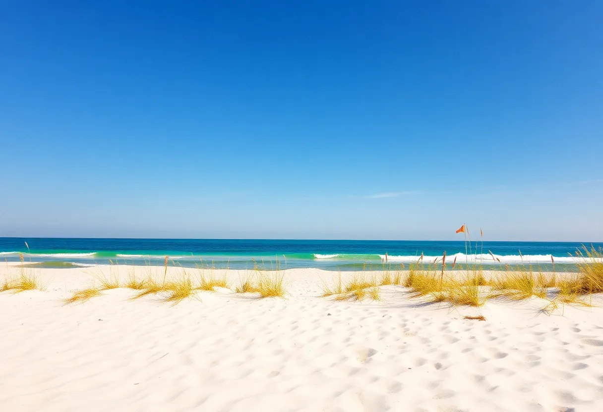 View of Coligny Beach with blue waters and white sand on Hilton Head Island