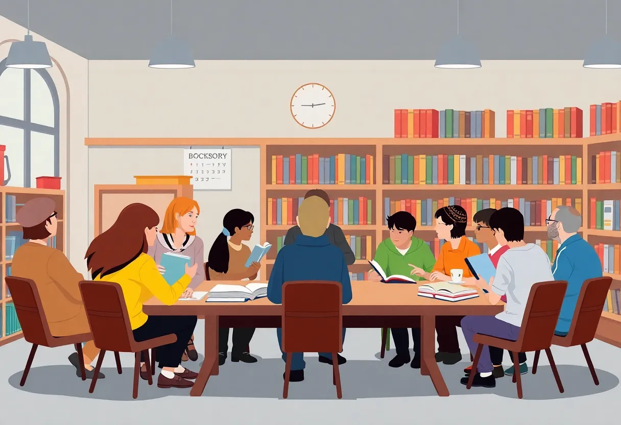 Community members discussing book bans in a library setting.