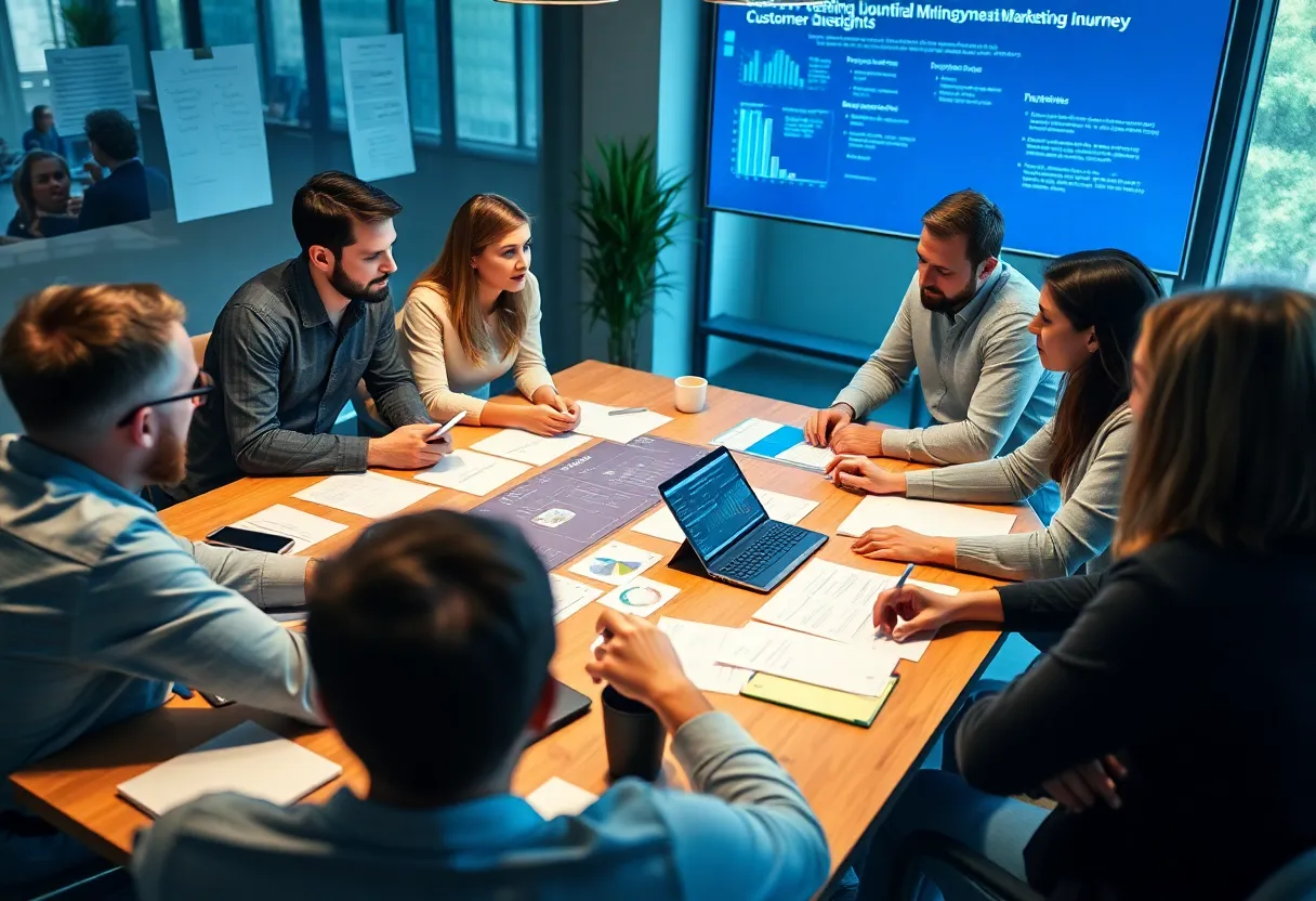 A team discussing digital marketing strategy with customer journey insights.