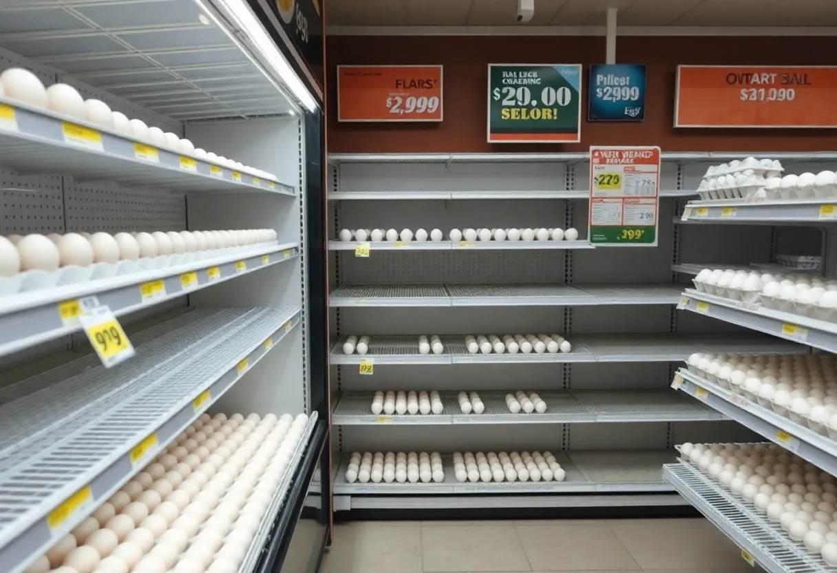 Empty egg shelves in a grocery store indicating a shortage