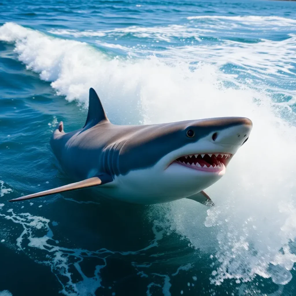 A great white shark swimming off the coast of Hilton Head.