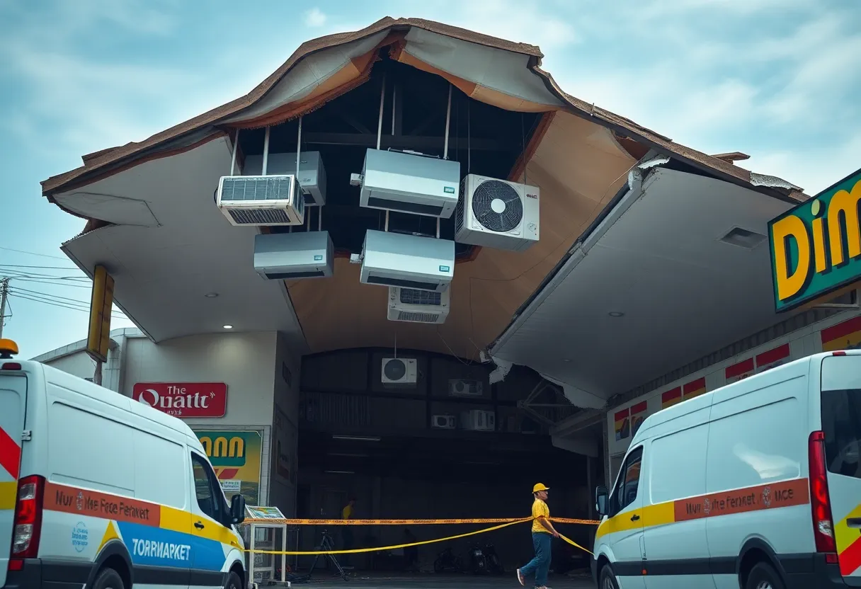 Damaged roof of BP minimarket in Hilton Head after storm