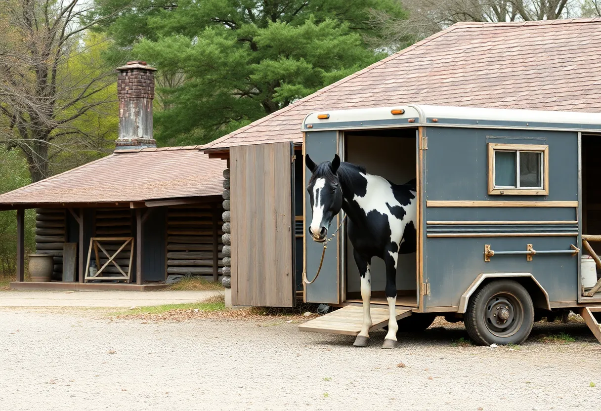 Horse trailer with a black-and-white paint mare outdoors