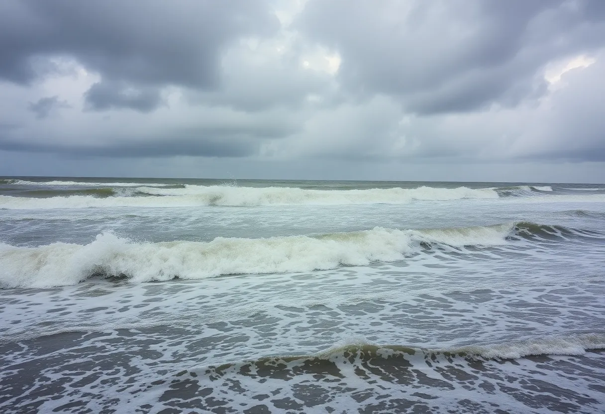 Coastline in South Carolina during Hurricane Helene with stormy weather