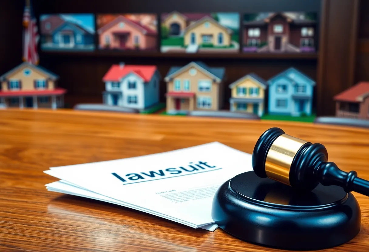 Courtroom setting representing a lawsuit over rent price-fixing.