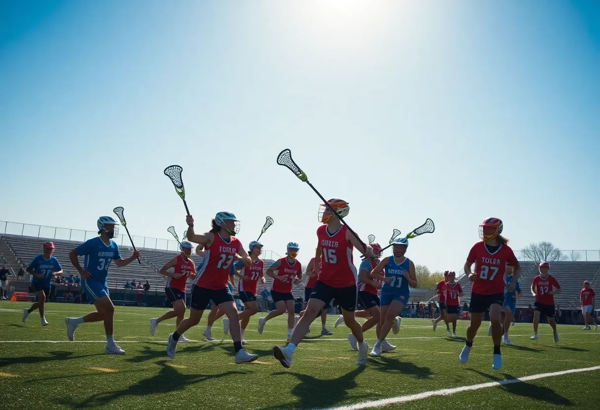 Lacrosse players in action at John Paul II Catholic School