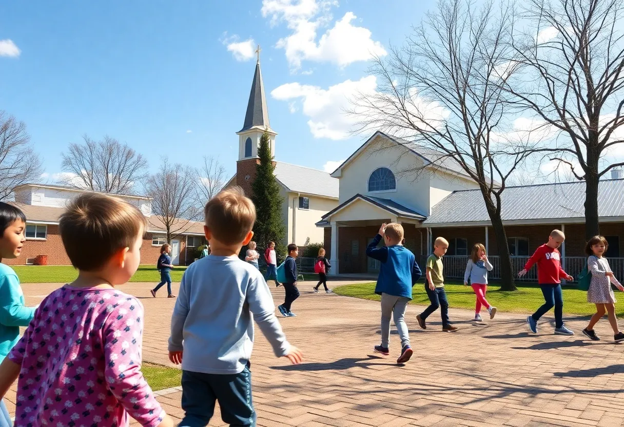 Children playing in schoolyard near church.