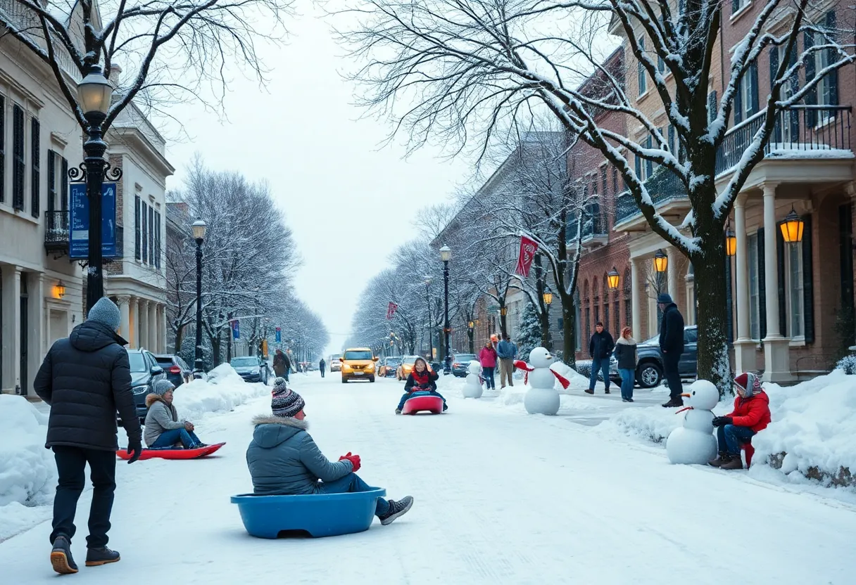 Charleston covered in snow with people enjoying winter activities
