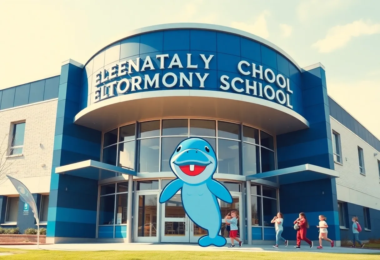 Illustration of May River Elementary School with manatee mascot