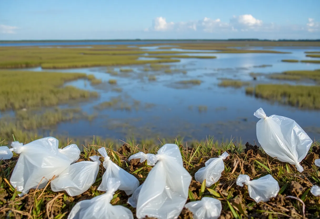 Plastic bags littering the natural landscape of Beaufort County