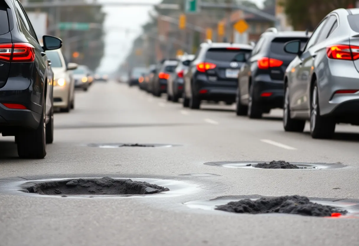 Potholes disrupting traffic on a Charleston street after a winter storm.