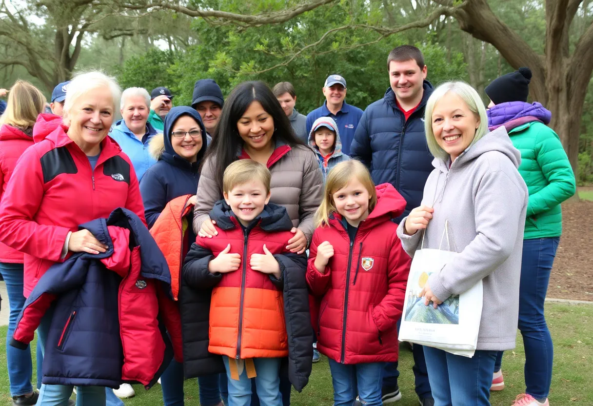 Families donating jackets at Hilton Head Island for the Recycle Your Jacket initiative