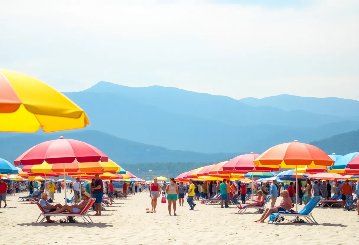 Sunny beach in South Carolina with umbrellas and mountains