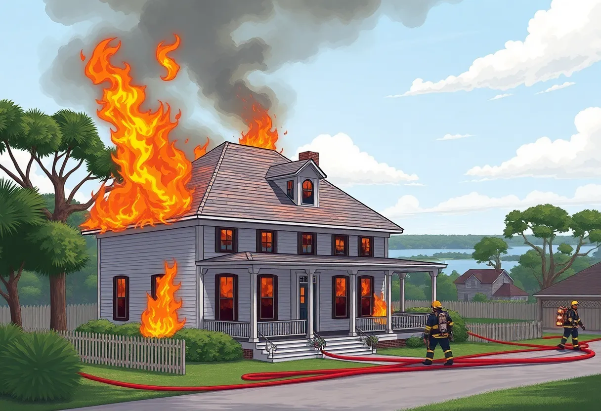 Firefighters battling the flames of the historic Ward-Hancock House in Beaufort.