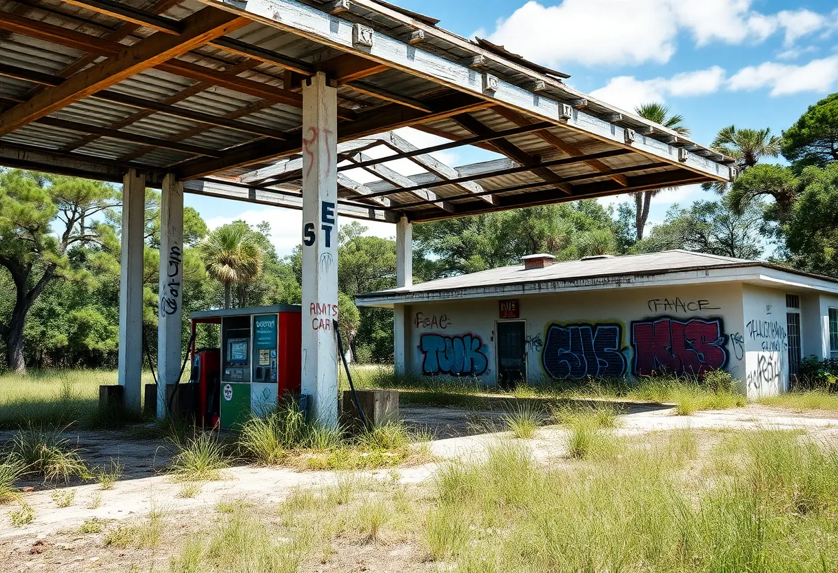 Deteriorating gas station with graffiti in Hilton Head