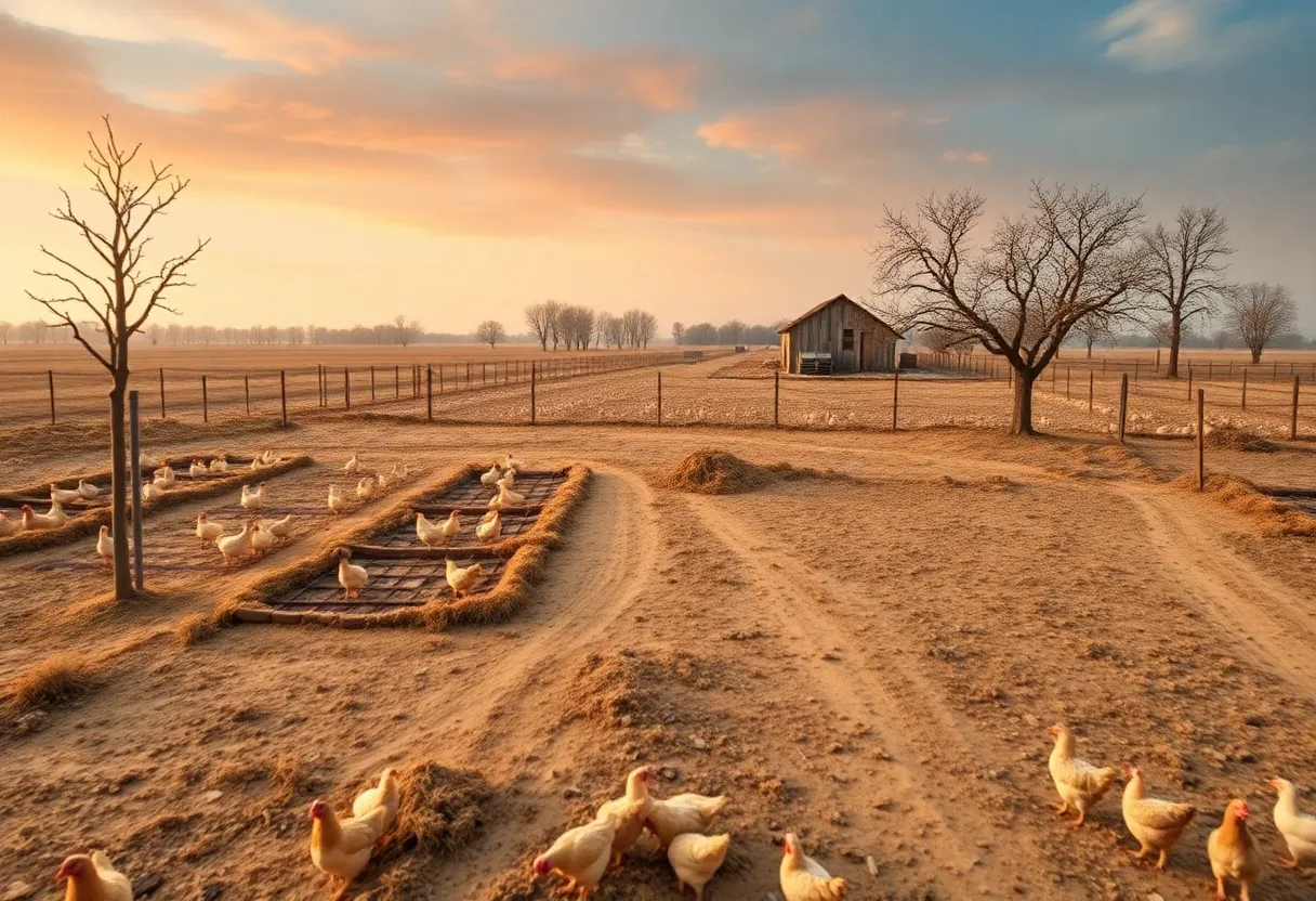 Empty poultry coops on a farm affected by avian influenza.