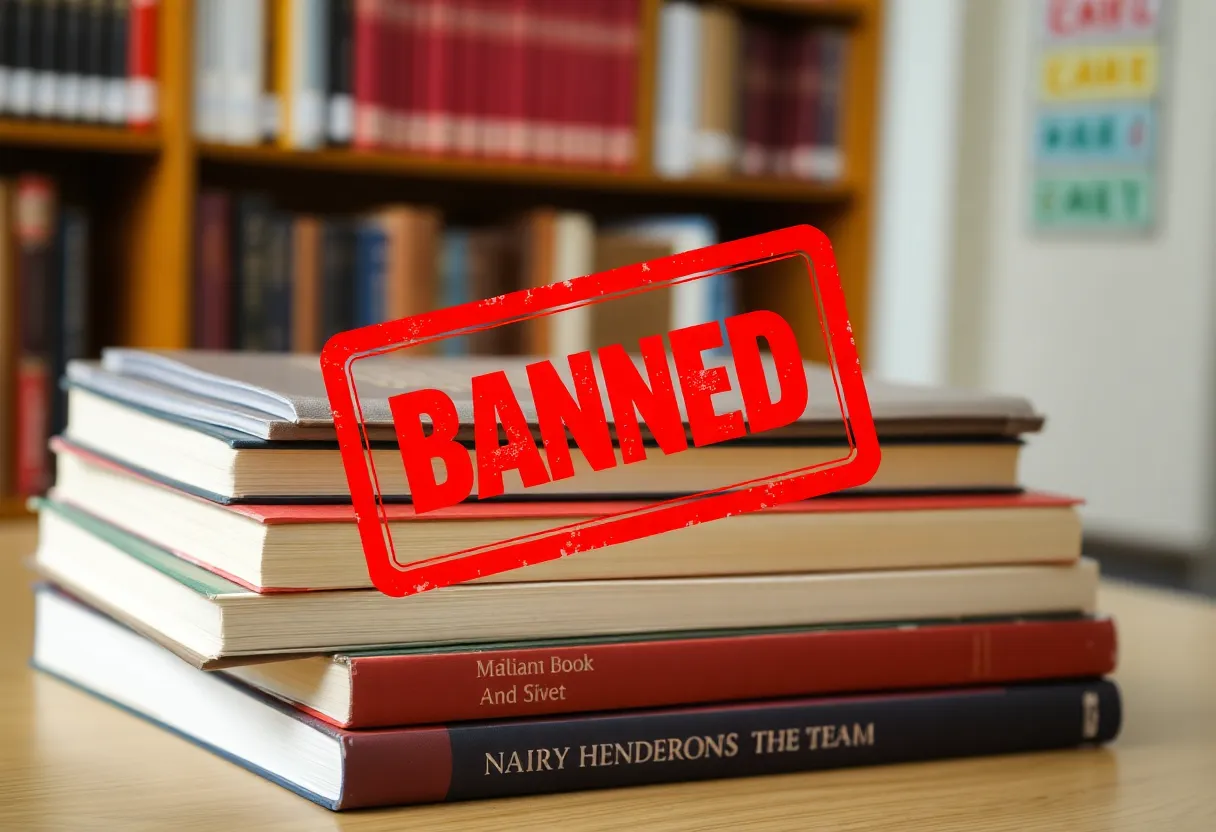 A stack of books with a 'banned' stamp in a school library.