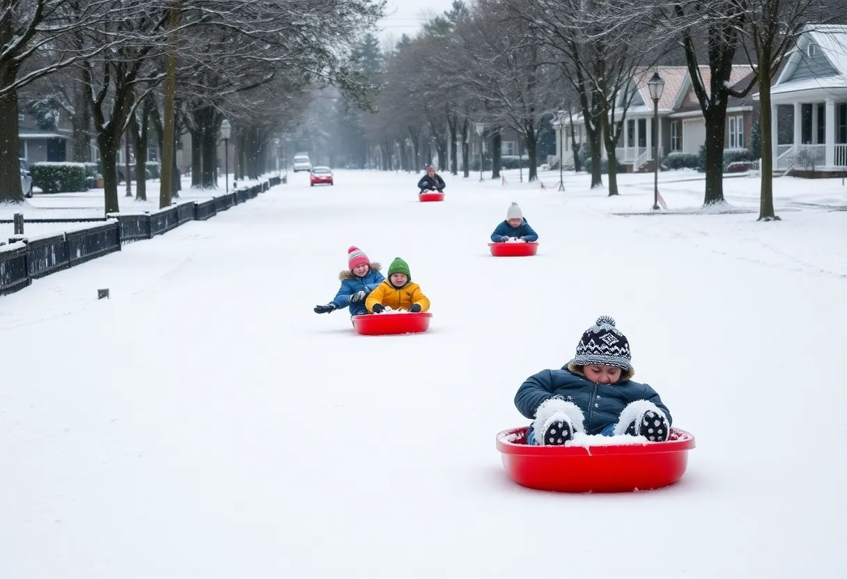 Children sledding on a snow-covered hill in Beaufort County