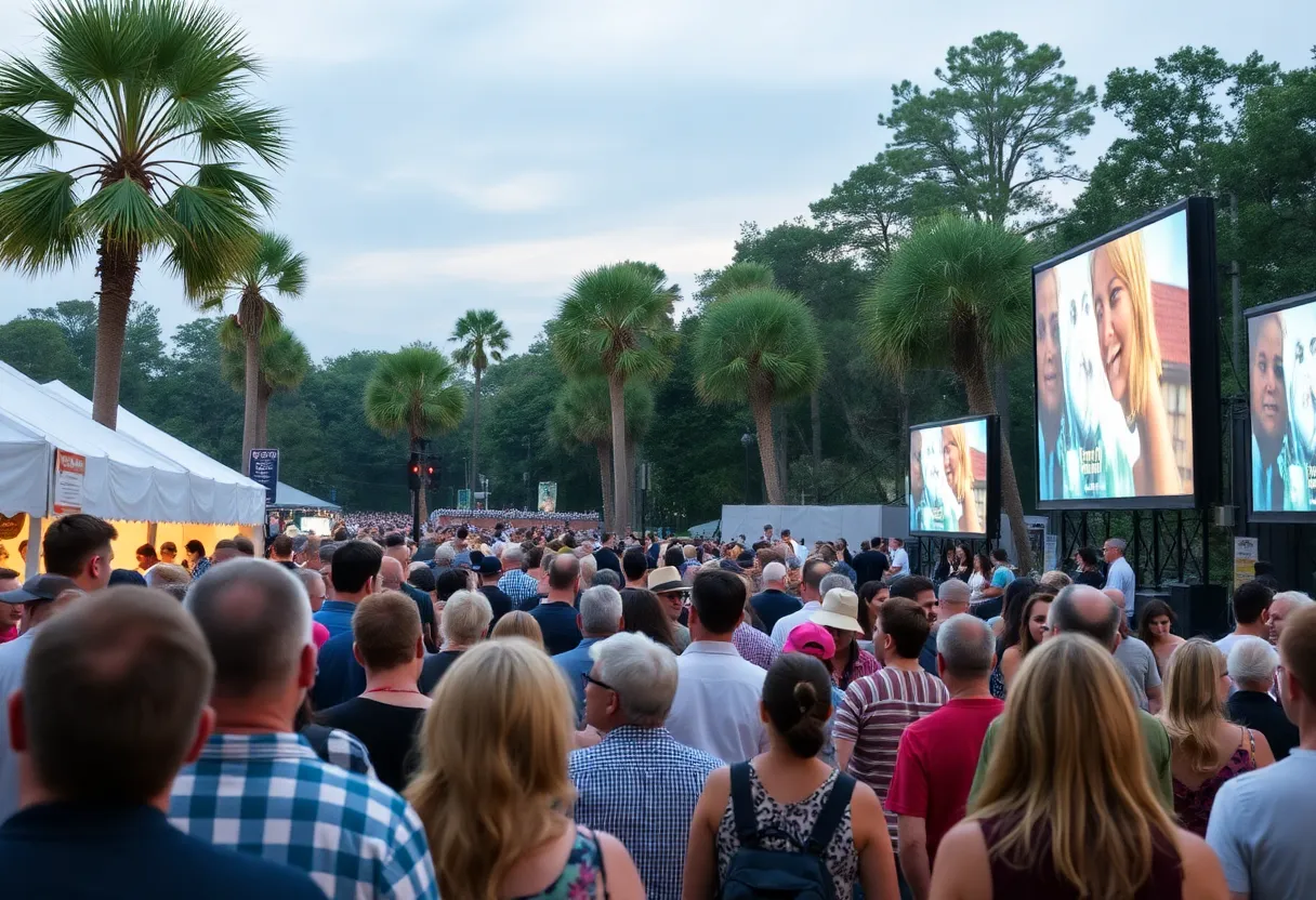A lively scene from the Beaufort International Film Festival with attendees enjoying films.