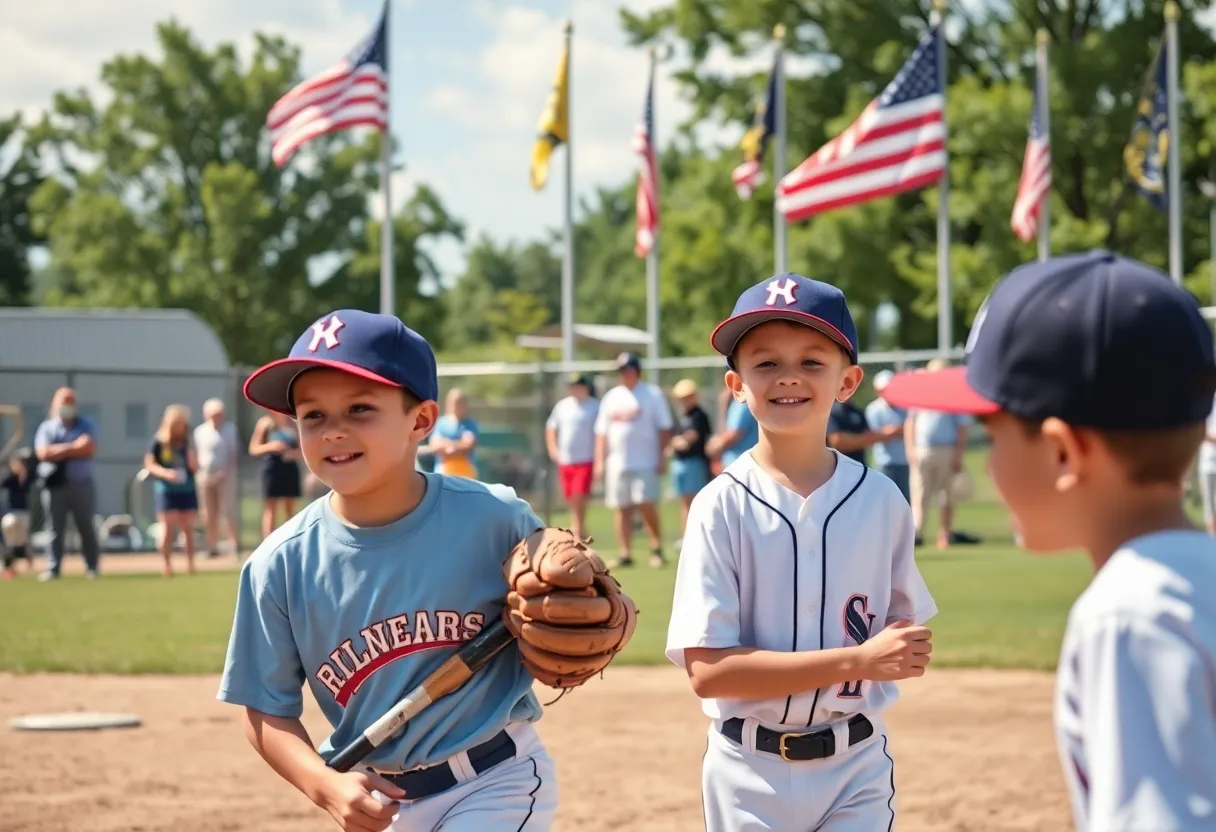 Players from the Beaufort Ospreys baseball team during a game, with an American flag in the background.