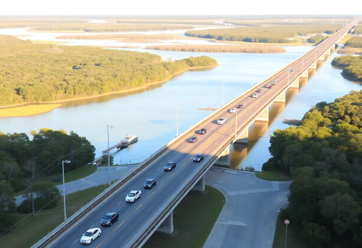 Aerial view of the U.S. 278 corridor highlighting traffic and the Mackay Creek Bridge.