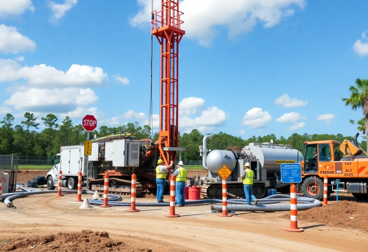 Construction site for the Bluffton sewer project with workers and machinery