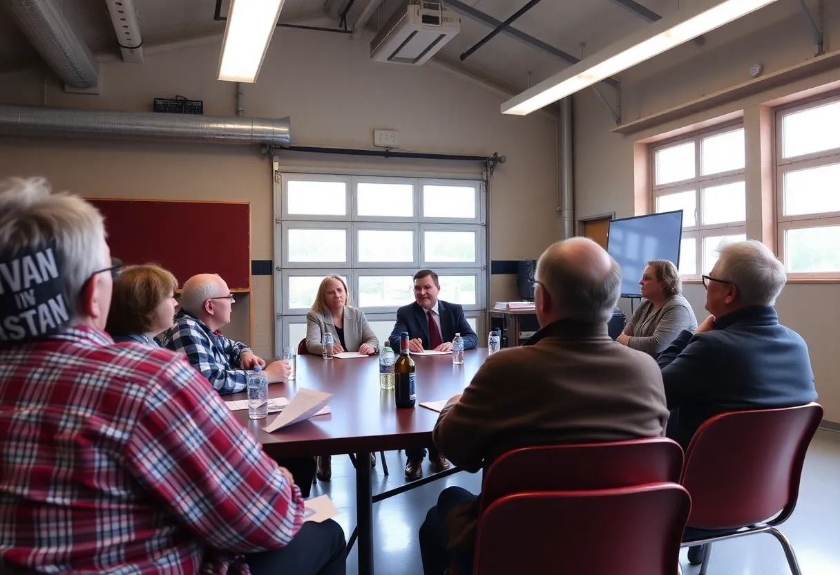 Residents gathered in a fire station discussing leadership changes.